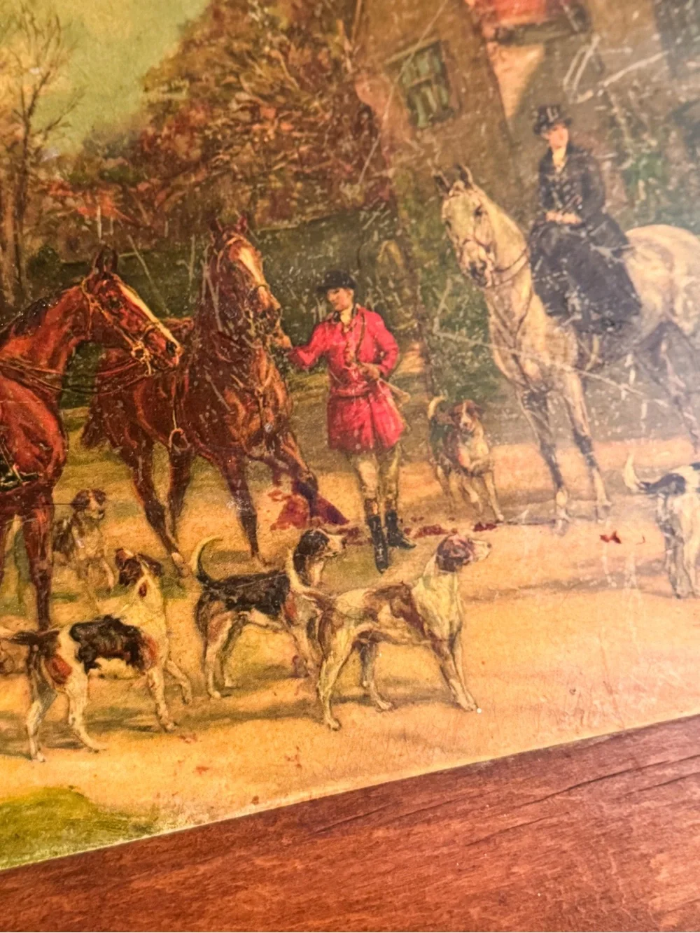 Vintage Wooden Fox Hunt Scene Tray — Large Equestrian Serving Tray